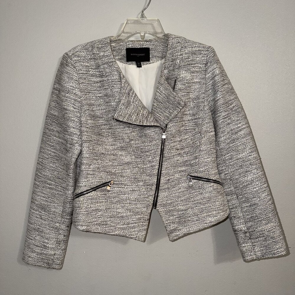 Banana Republic Tweed Motocross Womens Jacket 10P 10 Petite Black White Cropped